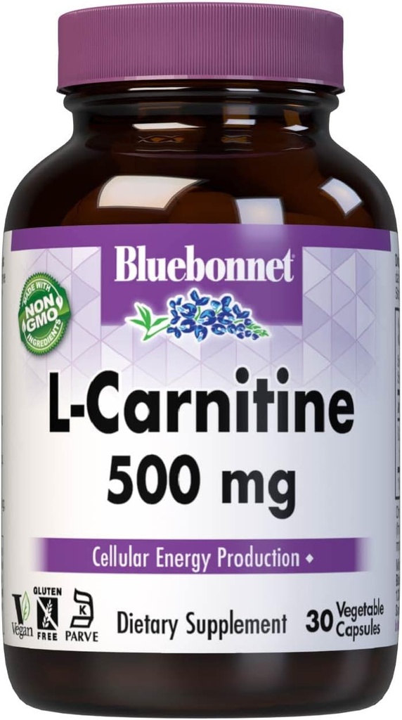 Bluebonnet Nutrition L-Carnitine 500mg, Transports Maščobne kisline*, Povečuje celično energijo*, brez soje, brez glutena, ne-GMO, Kosher Certified, Vegan, 30 Zelenjavnih kapsul, 30 Servingov
