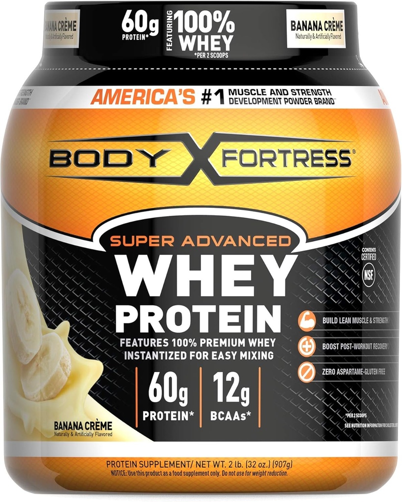Body Fortress Super Advanced Whey Protein v prahu, Banana Creme arome, brez glutena, 2 Lb
