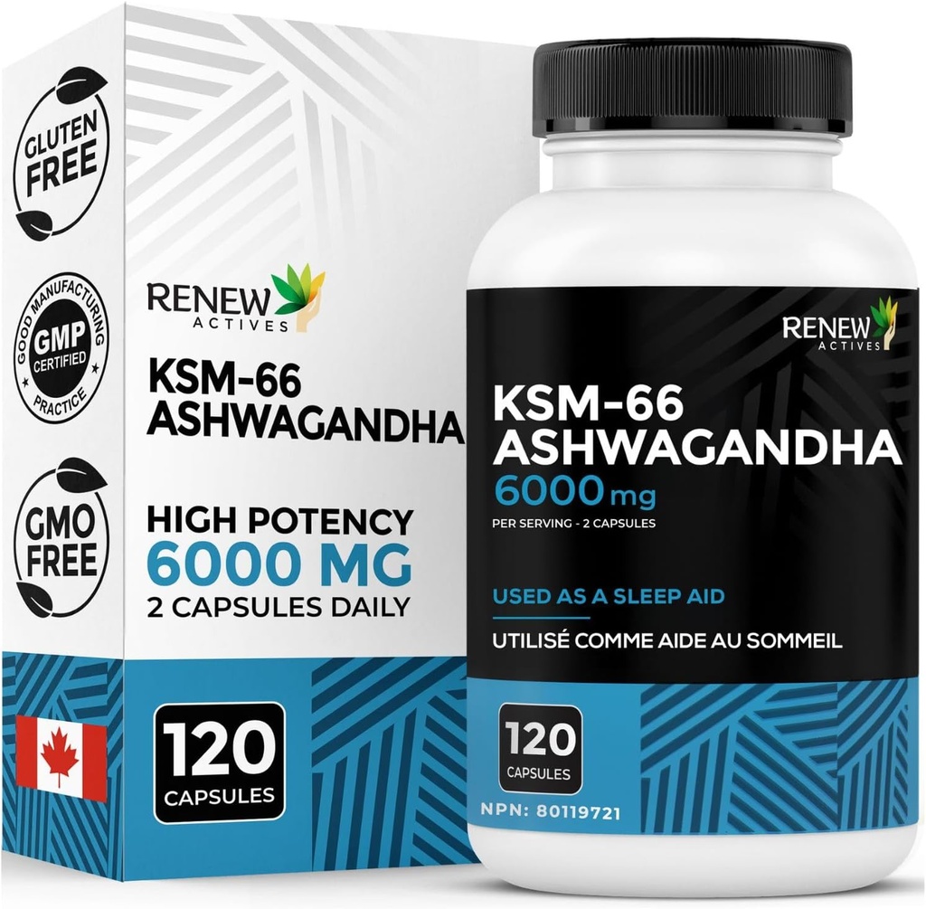 Renew Actives Ashwagandha KSM-66 Supplement 500MG na služijo s črnim poprom za superior Absorpcijo - Focus & Mood Podpora za povečanje energije in spanja - Izdelano v Kanadi - 120 Kapsule