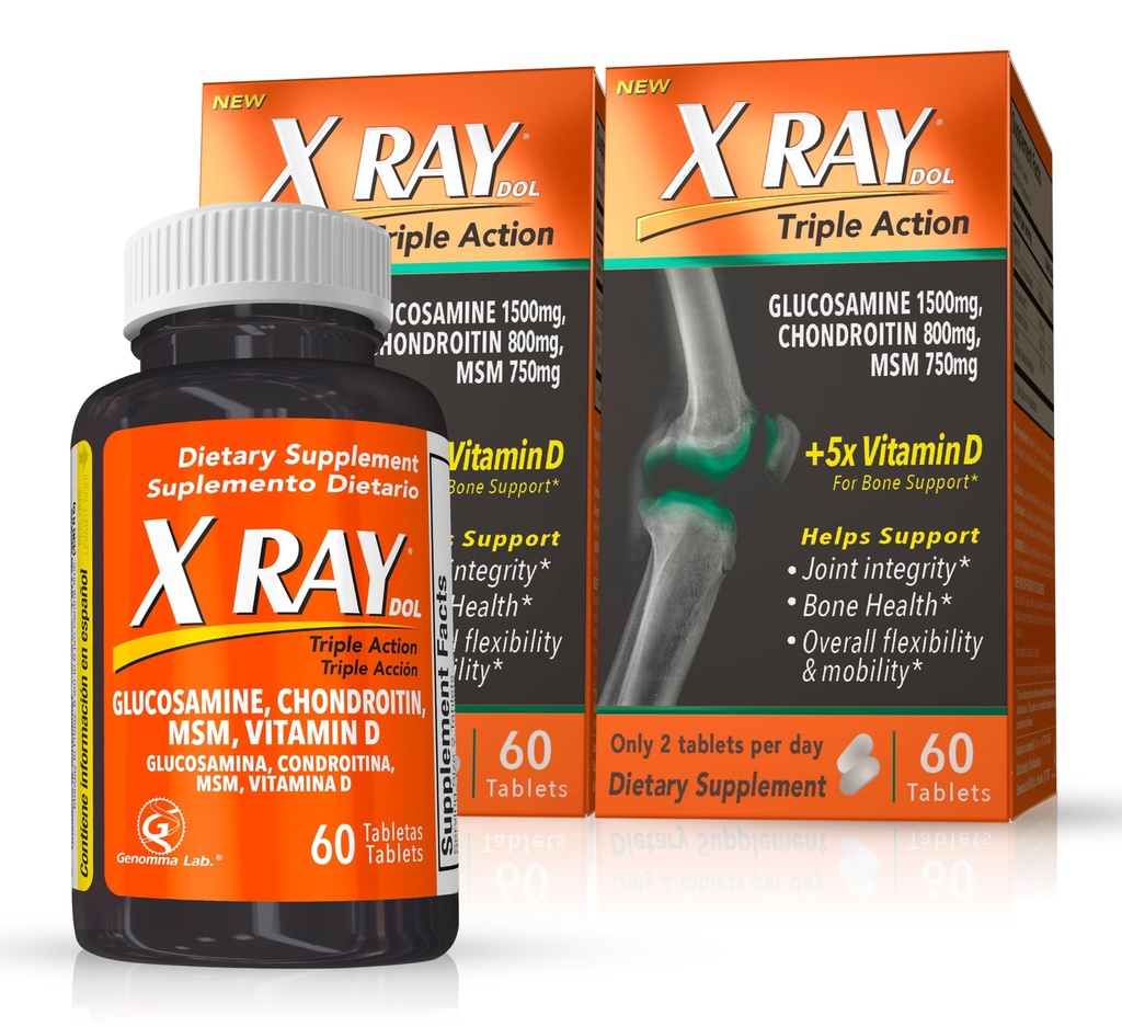 X Ray Dol Trojna akcija Skupna podpora dodatek z glukozamin 1500mg, Chondroitin 800mg, MSM 750mg in 5X Vitamin D za zdrave sklepe, kosti in kartilaža - 60 Število na steklenico - 2 pakiranje