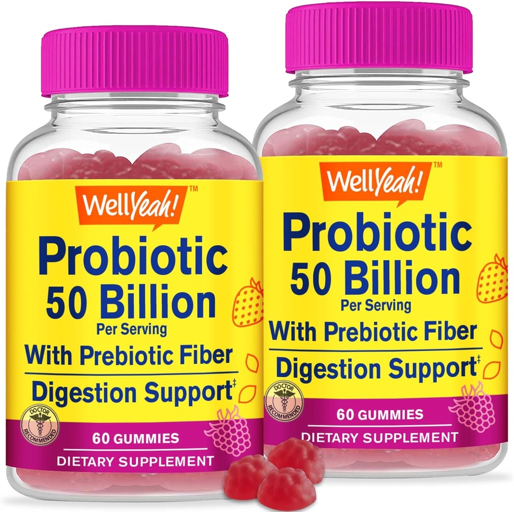 WellYeahe (2 Pack 50 milijard probiotiki + Prebiotiki za moške in ženske Gumies - Prebavna podpora, Gut Health, Imunska podpora Gummy - Probiotiki za prebavno zdravje z 12 sevi - 60 Gumies