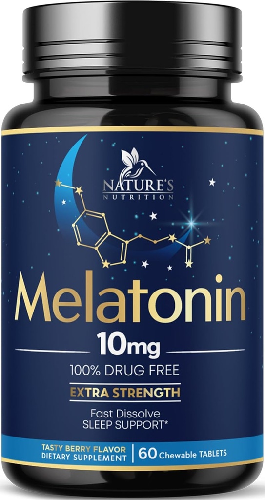 Melatonin 10mg hitre tablete za raztapljanje - dodatna moč, brez sladkorja Melatonin dodatki za mirno spanje, naravni dodatek za podporo za spanje za odrasle, okus jagod, 60 tablet