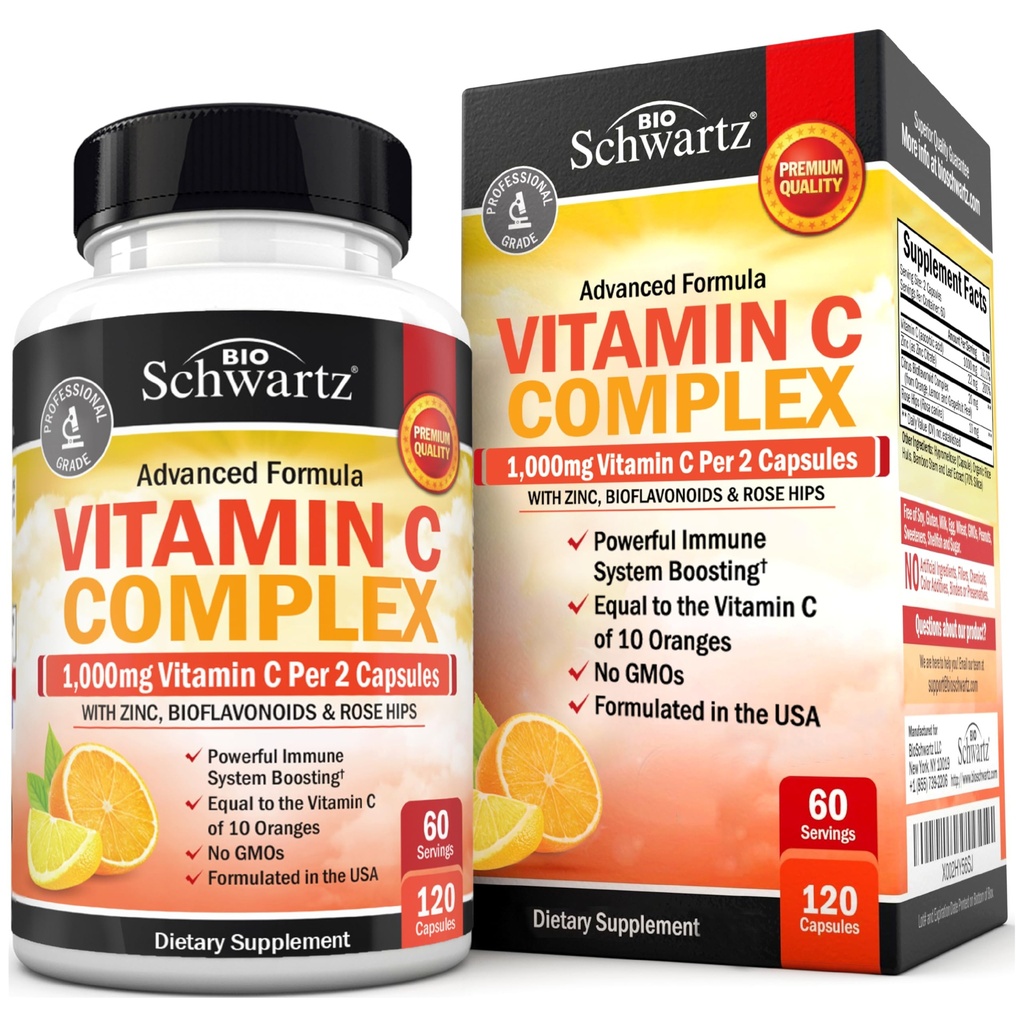 BioSchwartz Vitamin C Complex Dodatek - Vitamin C 1000mg Kapsule z Rose HIPS Cink in Citrus Bioflavonoidi za imuno zdravje, celično energijo, kolagen proizvodnje, 120 Štetje (60 dnevna dobava)
