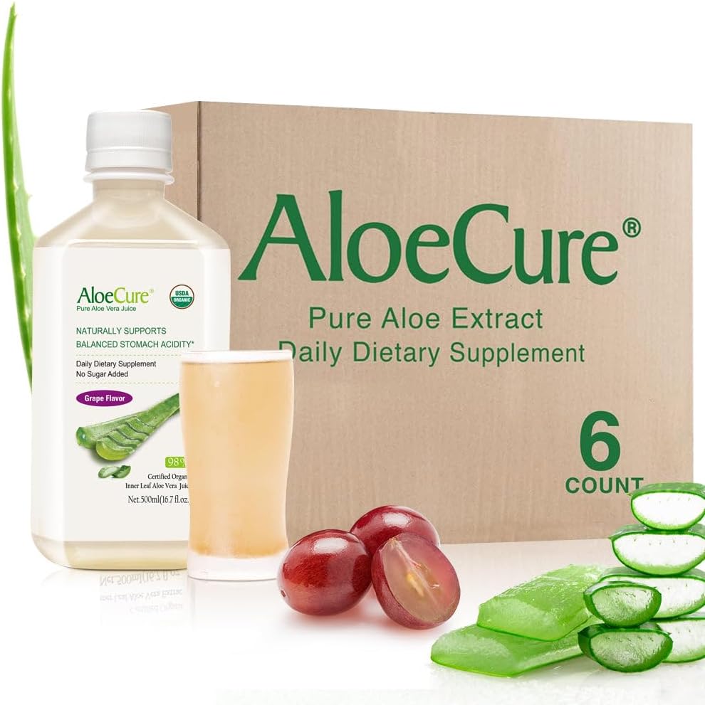 AloeCure USDA Organic Aloe Vera Juice Grozdna aroma, narejena v 12 urah letine - Pure Aloe Vera Digestive & Imuno Health Supplement, Pomaga ohraniti uravnoteženo želodčno kislost, 16.7oz x 6 Btls