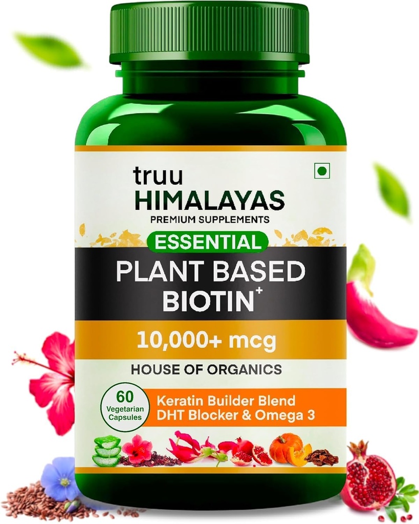 Rastlinski biotin 10000mcg za rast las z DHT blokado, Keratin & Omega 3 dopolnila vitalne snovi za moške in ženske - ajurvedska hranila za padec las, kožo in nohte zdravje - 60 kapsul