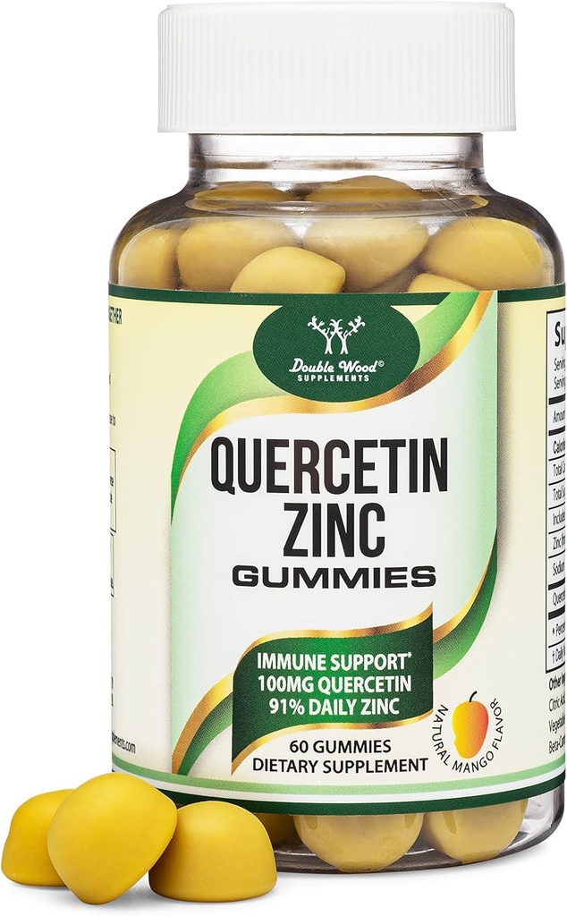 Quercetin Gumies z cinkom (100mg kvercetina in 91 % dnevnega cinka na serviranje) 60 Mango arome žvečljive imunske podpore Gumies za odrasle in otroke (ne-GMO in gluten brezplačno) z dvojnim lesom