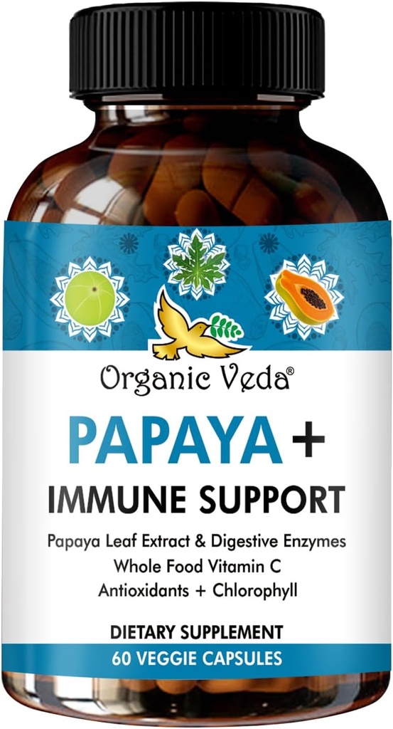 Organska Veda Papaya Leaf Plus dodatek - krvni izvleček iz trombocitov Imunske kapsule s papaja prebavljivimi encimi, klorofilom, ekstraktom grozdnih semen, vitaminom C - kostna kostna kost in čreva - 60 ct