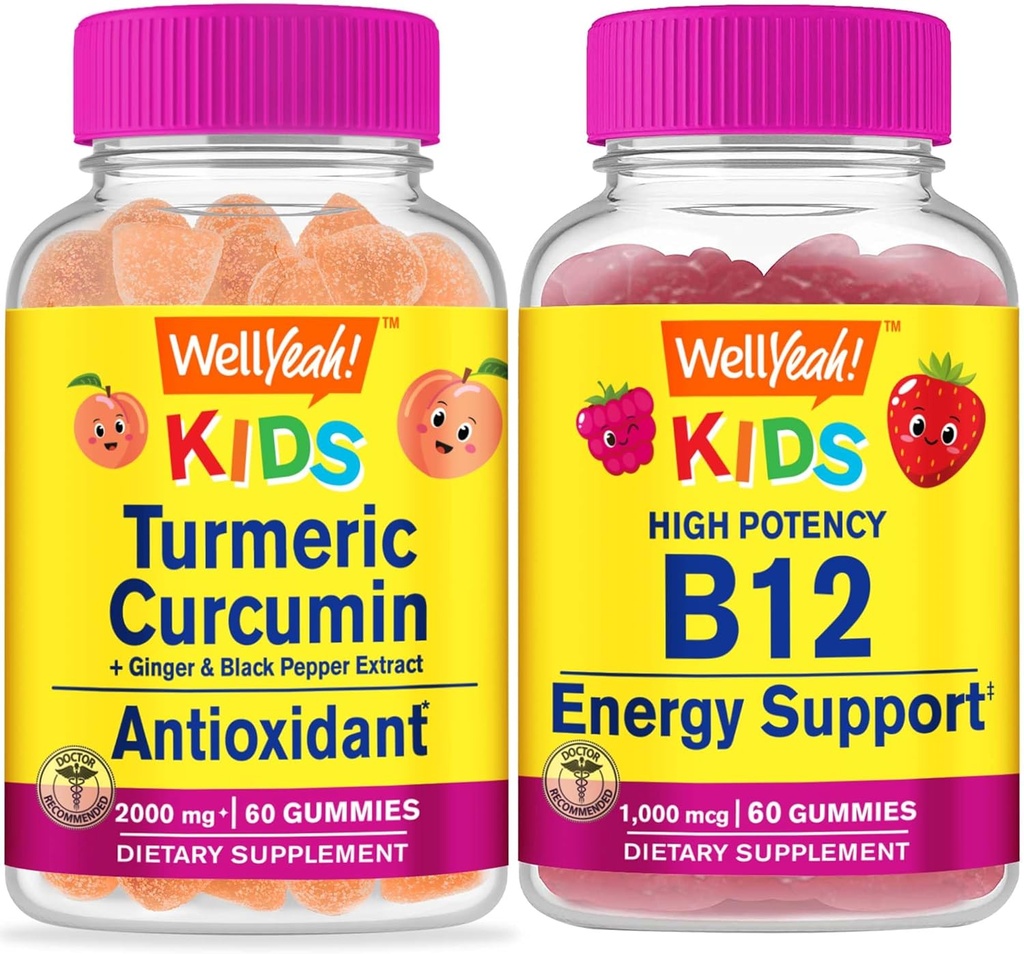 WellYeahe Kurkumin Otroci + Vitamin B12 Otroci, Gummies Bundle - odličen okus, Vitamin dopolnilo, Gluten brezplačno, GSO brezplačno, Žvečljivi Gummy