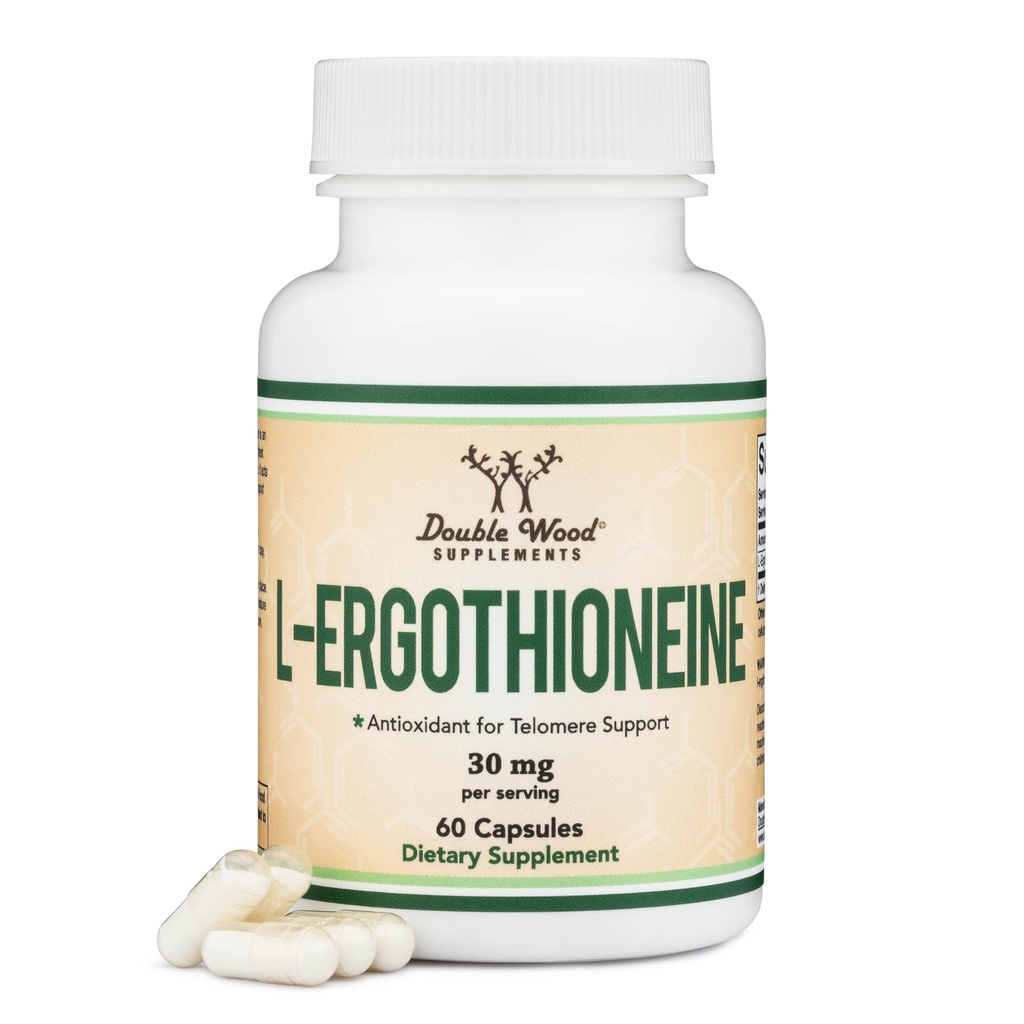 Dodatek ergotioneina (EGT) 30 mg čistega, na rastlinah temelječega L-ergotioneina na kapsulo, 60 število (lahko podpira dolgoživost in zdravo staranje) ne-GMO, gluten prost, Vegan varen z dvojnim lesom