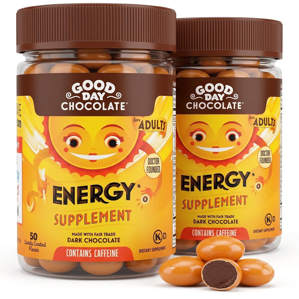 Dober dan Čokolada Energijska dopolnila za odrasle [2 Pack] Sejem trgovina Kofein Čokolada z B-vitamini, izvlečki zelenega čaja in 20 mg kofeina na kos - energijski spodbujevalec za ženske in moške