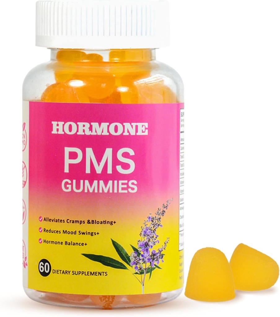 PMS Gummies za ženske Hormone Balance,60 Count PMS Podporni dodatek Gummies za pomoč Menstrual Cramp& Bloating, Vegan PMS Relief Gummies z Chasteberry,Vitamin B6