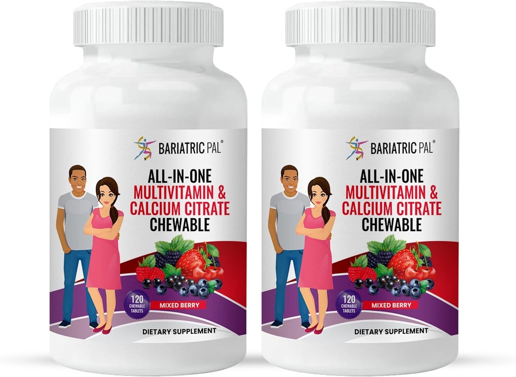 BariatricPal All-in-One žvečljivi multivitamin s kalcijevim citratom in železom - mešano jagodičje (60-dnevna zaloga)