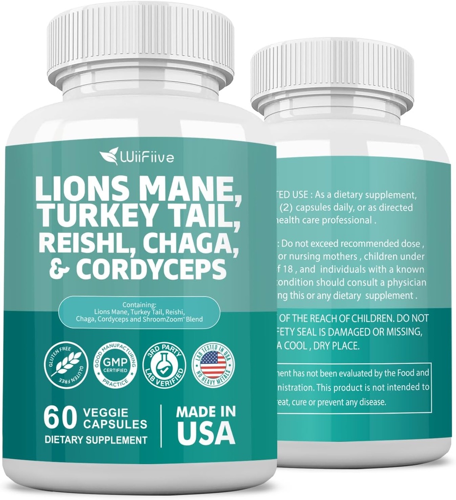Levi Mane 3000mg Turčija Tail 3000mg Reishl 1000mg Chaga 1000mg Izvleček prahu Cordyceps, ki vsebuje Maitaake Shiitake črne Fungus,Brain dodatek, mineralne dodatke, 60 kapsul