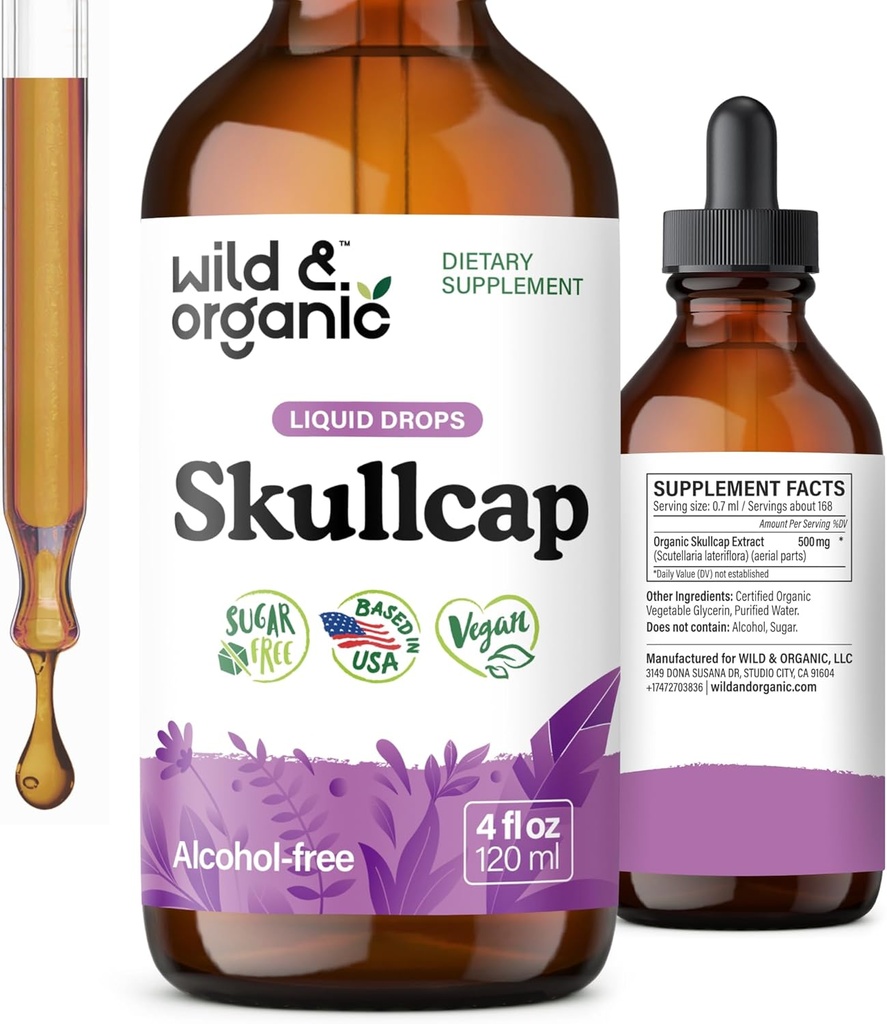 Wild & Organic Scullcap Herb Tincture - Scullcap Dodatek za podporo razpoloženju - Sproščujoče kapljice tekočega ekstrakta - Vegan, sladkor in alkohol - 4 fl oz