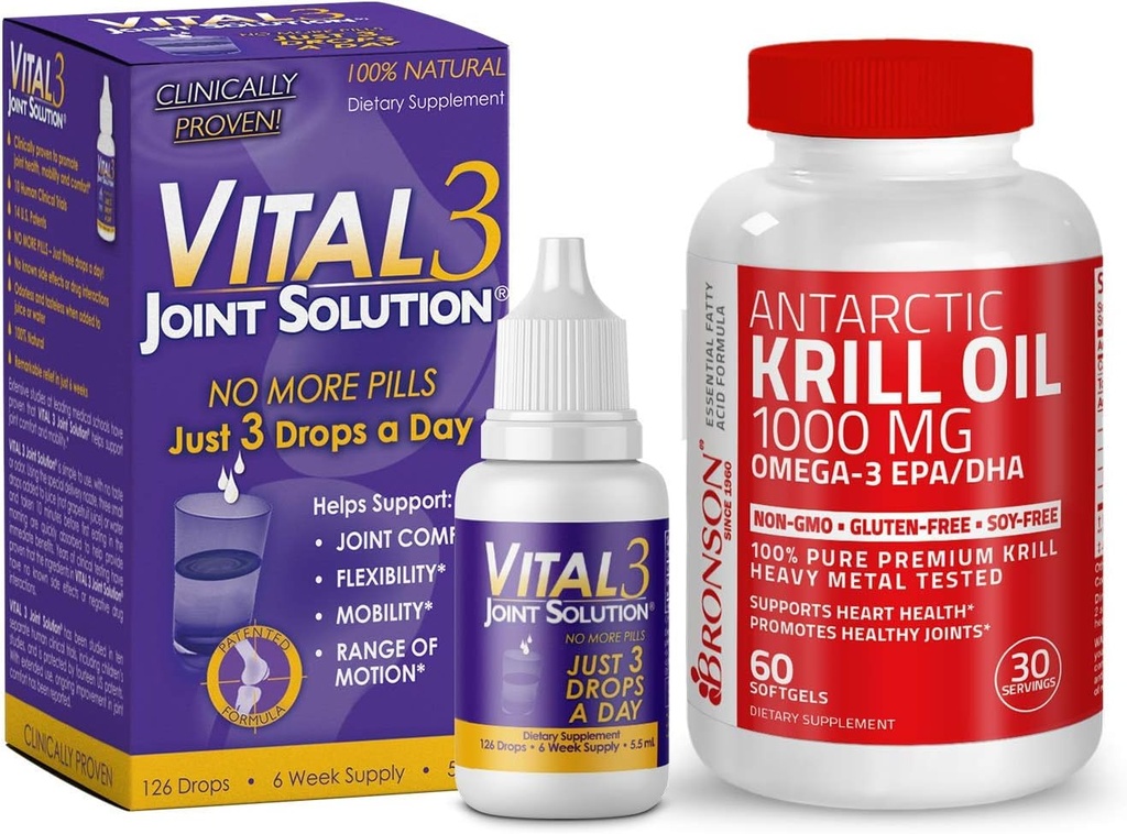 Vital 3 Joint Solution® Klinično dokazano Relief tekočega kolena + Bronson Antarktika Krill Oil 1000 mg z Omega-3s EPA, DHA