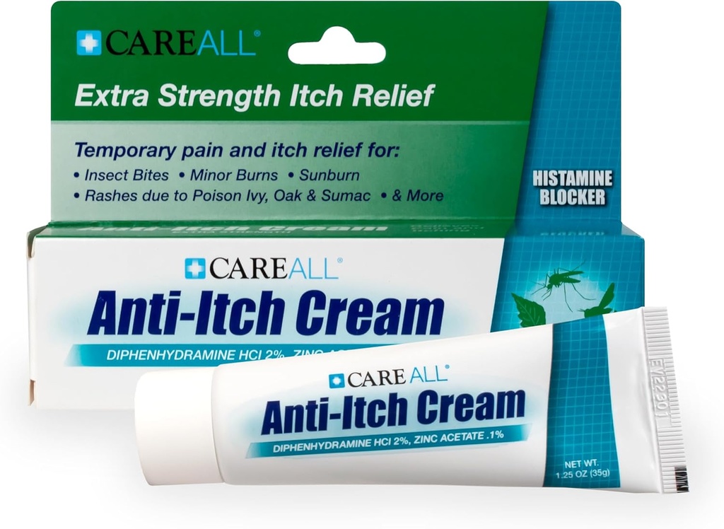CareAll Anti-srbeča krema 1.25oz Histamin blokiranje, difenhidramin HCI 2% a Topical Analgetik & cink acetat 0,1% a Koža Protect zagotoviti začasno bolečino in srbečica Relief iz skupnih srbečicah na prostem