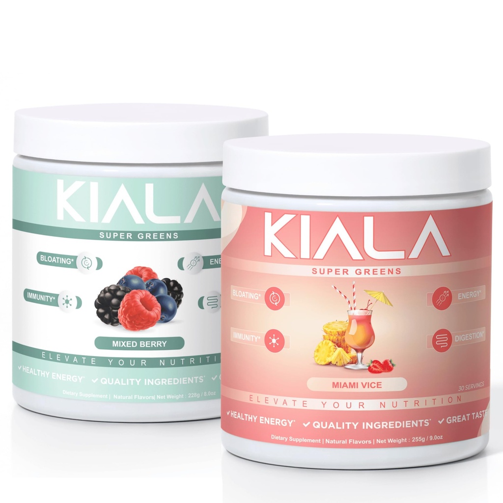 Kiala Nutrition Super Greens, Organic Greens Powder, Spirulina & Klorella Superfood Powder, Sladkor & Gluten Prost Vegan, Spectra Mešanica, Mešanica Berry & Miami Vice, 2 paketa