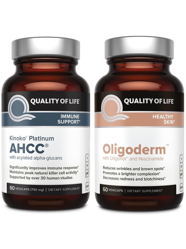 Kakovost življenja Featuring Kinoko Platinum AHCC Izvleček gob in Oligoderm z Oligonol Lychee Extract - Imunska podpora zdravje kože