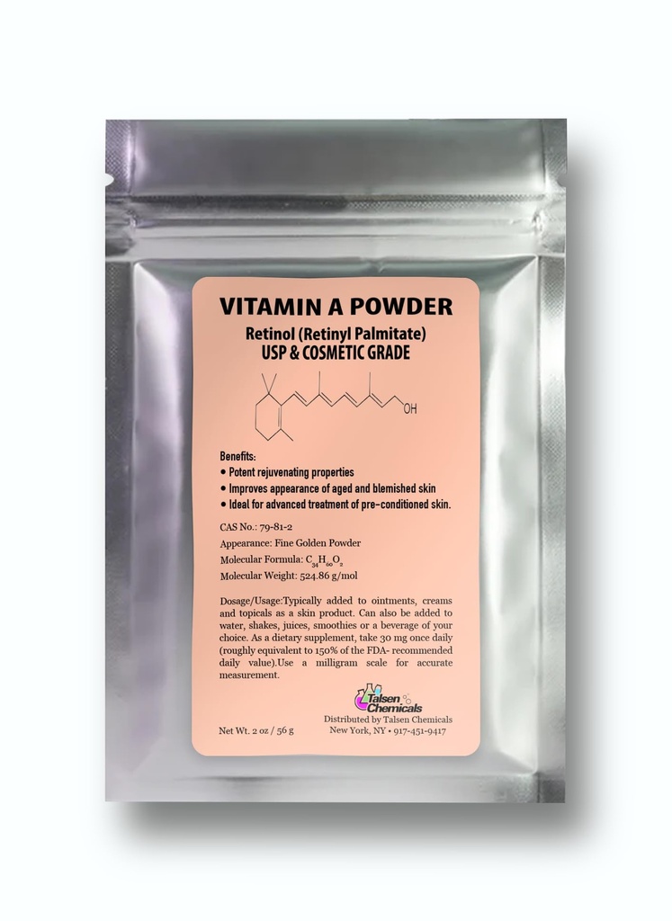 Vitamin A v prahu retinil palmitate, čisti retinol v prahu topen vitamin v vodi A USP & kozmetična stopnja (2 oz. / 56 gramov)