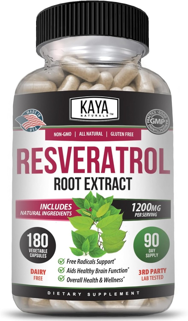 Kaja Naturals - Resveratrol kapsule - dopolnilo proti staranju - antioksidanti s podporo možganov - največje koristi - 180 Veggies kapsule
