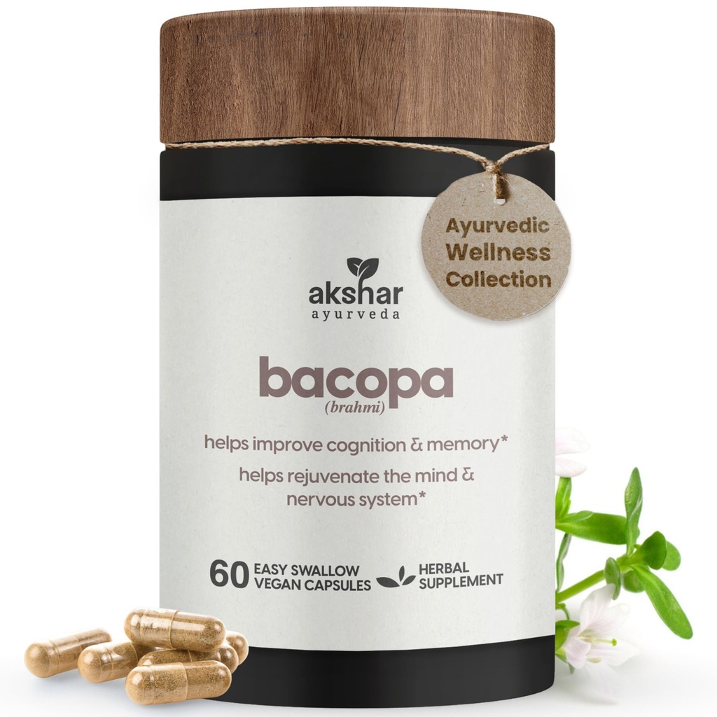 AKSHAR Ayurveda - Bacopa 500mg Brahmi dodatek, Pomlajevalni sistem, Bacopa tablete za podporo kognitivne funkcije za odrasle, Veganski Cruelty Free Bacopa Monnieri (60 grof)