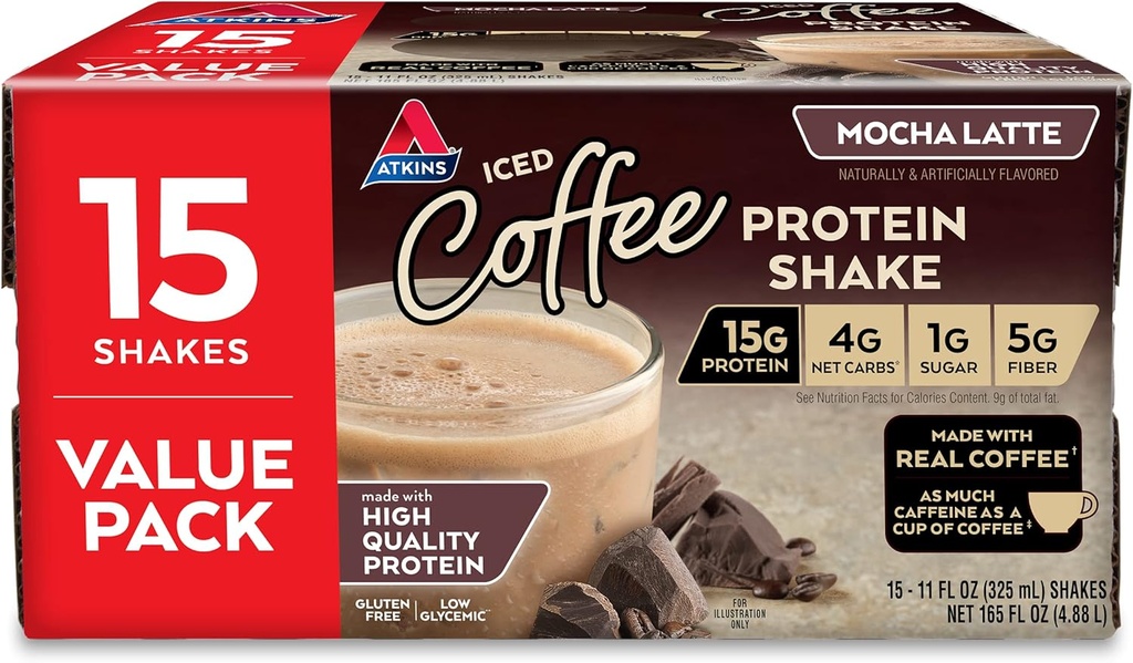 Atkins Gluten Brez beljakovin-Rich Shake, Mocha Latte, Keto prijazno, 15 grof
