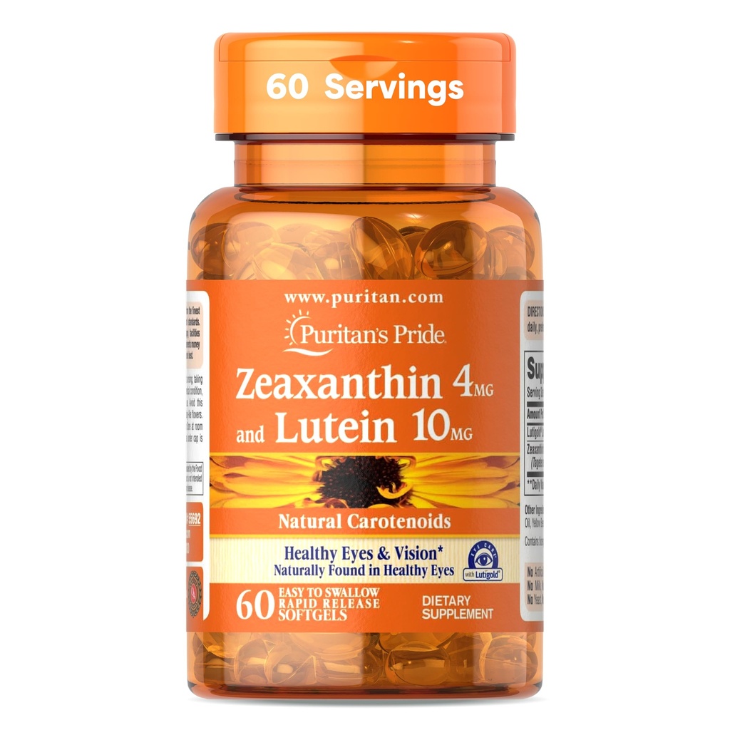 Puritan's Pride Zeaxantin 4mg z LutigoldTM Lutein 10mg karotenoidi, Prehranska dopolnila za zdrave oči in vid, 60 Easy-to-Swallow hitro sproščanje softgels