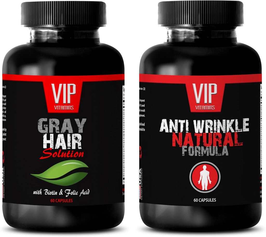 Anti-Aging Essential - Siva rešitev za lase – Proti gubam Formula - Žaga Palmetto Natural - 2 steklenici (60 kapsul + 60 kapsul)