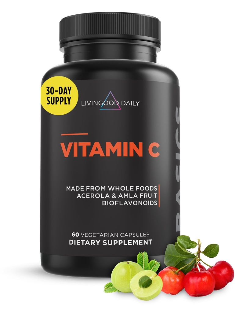 Liveood Daily Vitamin C Supplement, 3-v-1 Cel vitamin C na osnovi hrane z Acerola & Amla sadnimi izvlečki in Citrus Bioflavonoidi za imuno podporo, Vegan, Gluten brez, ne GSO, 60 Kapsule