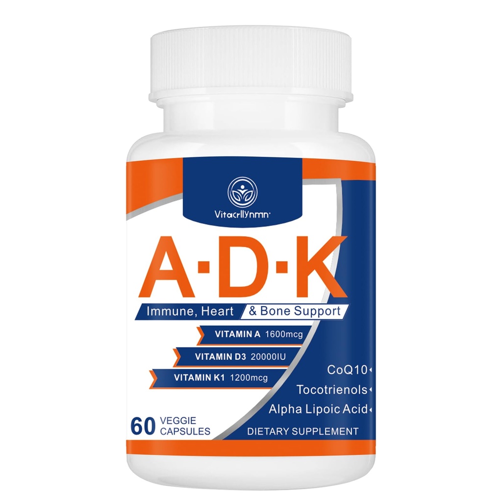ADK dodatek za vitamine 20000 i.e. - vitamini visoke jakosti A, D3 in K1 za srce, zdravje kosti in imunosupresivno podporo Vitamin ADK 60 kapsule
