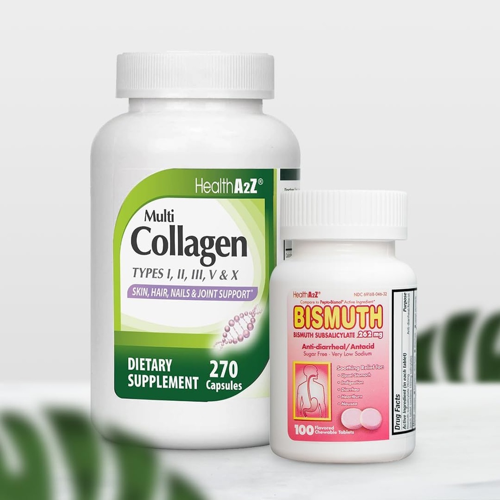 HealthA2Z® Mega Savings Bundele - Bizmut Subsalicilat 262mg (100 tablet) in več kolagenske tablete, 1735 mg (270 kapsul kolagena)