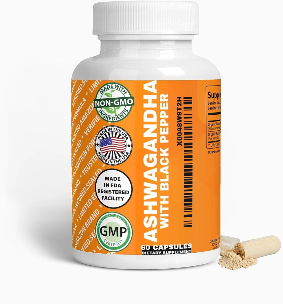 Generične organske kapsule Ashwagandha & črna paprika, 1300mg & 10mg, 60 Število, povečanje imunitete in razpoloženja seveda