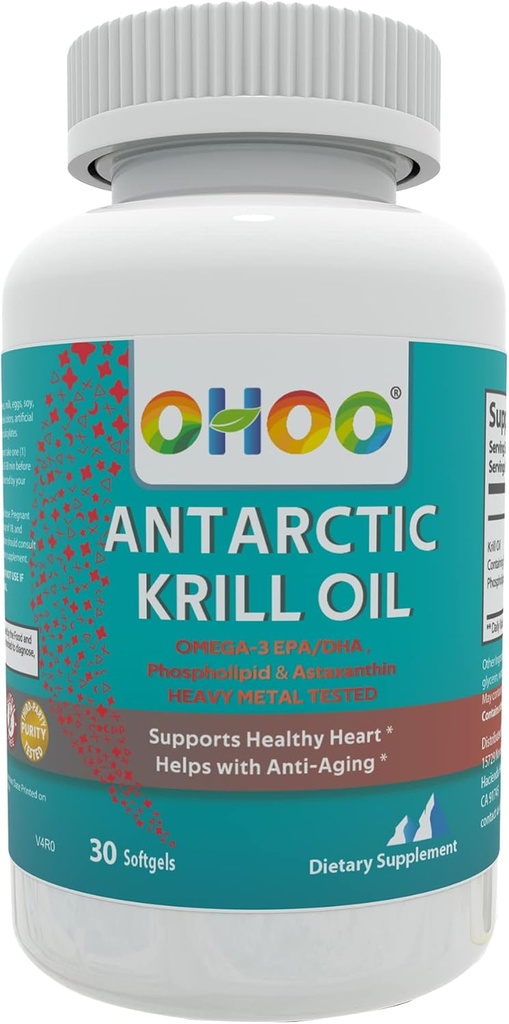 OHOO Antarktika Krill Oil 500mg Omega-3 EPA & DHA dodatek, Phofolipids, Antioksidant Astaksantin, Podpira zdravo srce in anti-Aging dodatek brez ribjega pookusa, 30 Mehkužci