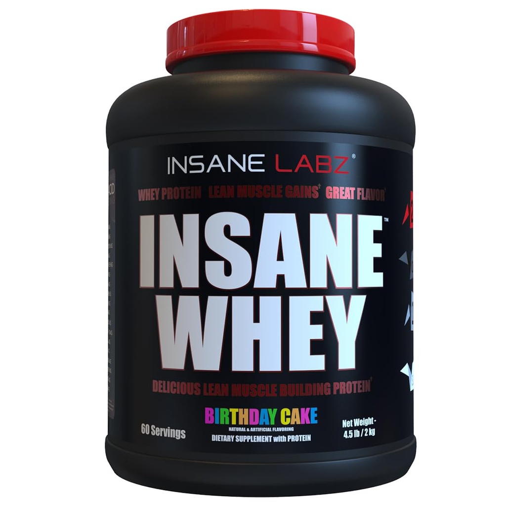 Insane Labz Insane Whey, 100% Muscle Building Whey Protein, Post Workout, BCAA Amino Profil, Mass Gainer, Meal zamenjava, 5lbs, 60 Srvgs, (Birthday Torta)