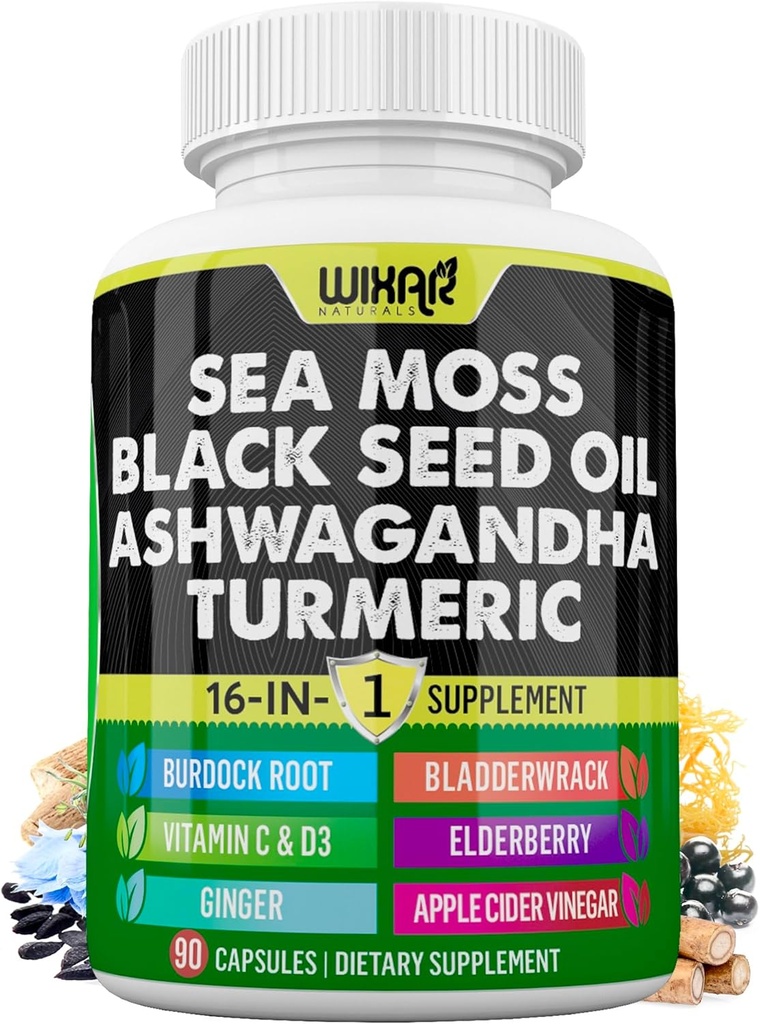 Wixar Sea Moss 3000mg Black Seed Oil 2000mg Ashwagandha 1000mg Turmeric 1000mg Bladderwrack 1000mg Burdock 1000mg & Vitamin C & D3 z bezgovim nageljnom Yellow Dock Klorophyll ACV - 90 kapsul
