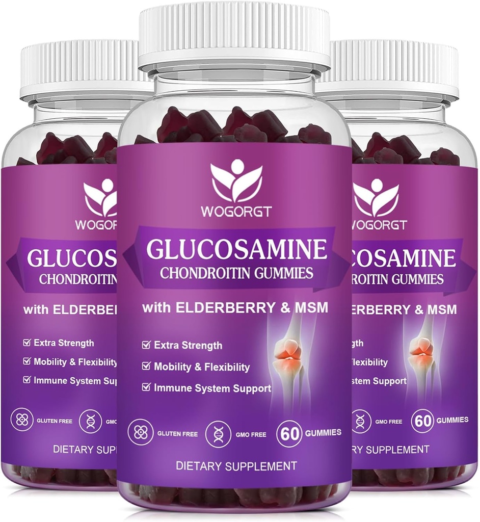Glukozamin Chondroitin Gumies z MSM & Elderberry - 1500mg Glukozamin Chondroitin Gumies Dodatek za prilagodljivost in imuno podporo za moške in ženske, 60 Gumies (3 pakiranje)