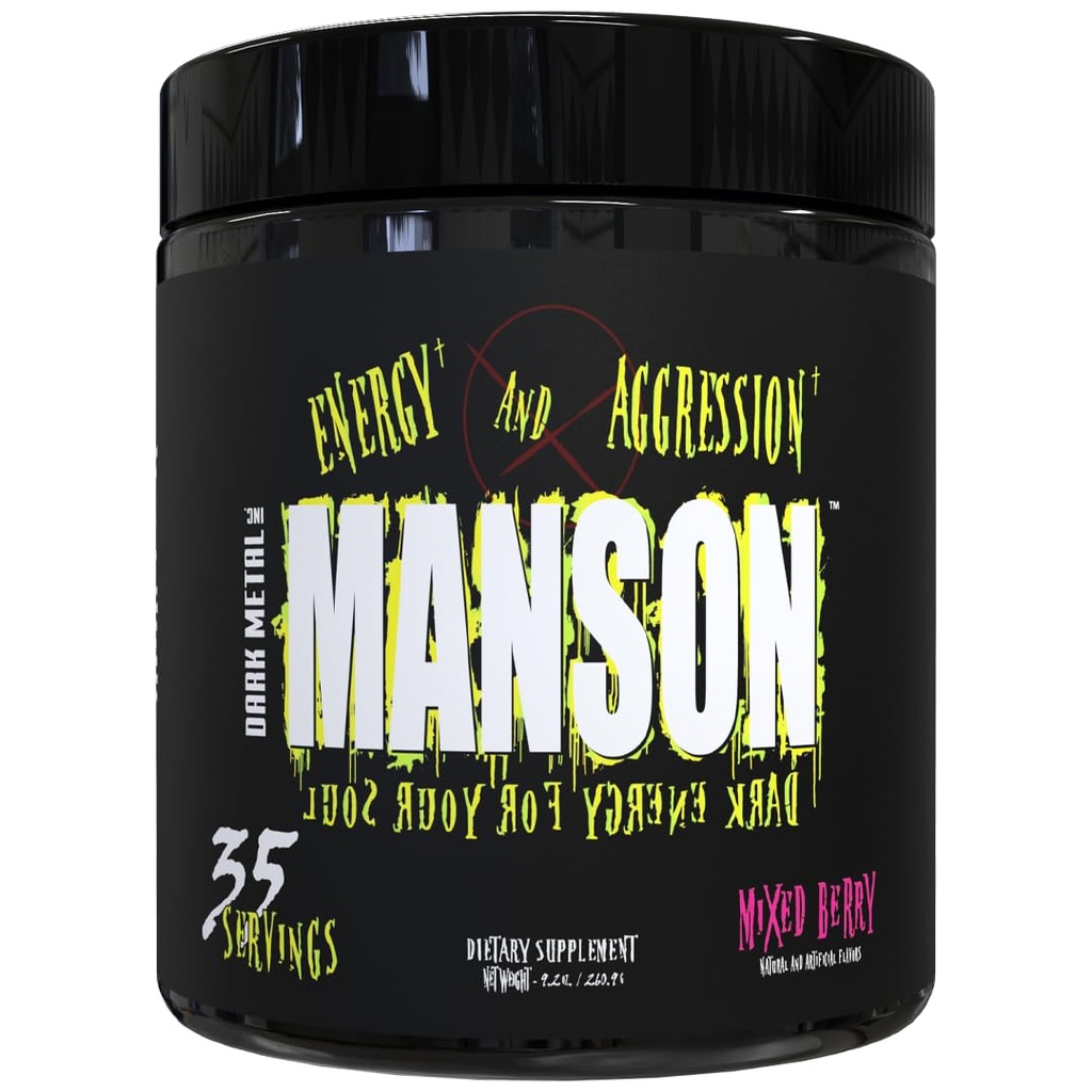 DARK METAL Inc Manson High Stim Pre Workout Powder, Energy Focus Jakost, Naložen z Beta Alanine L Carnitine Caffeine Infinergy, 35 Srvgs, Mixed Berry