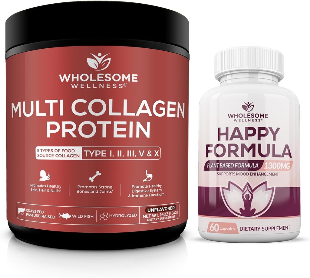 Zdrava Wellness Multi Collagen Protein Powder hidroliziran (tip I II III V X) Srečna Formula Natural Stres Formula Relief Supplement Bundle