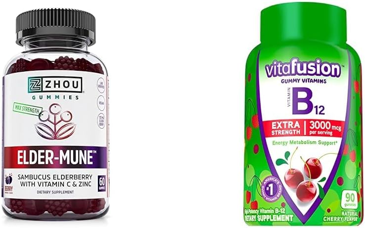 ZHOU Nutrition Elderberry Gummies Imunska podpora Bundle z Vitafusion Vitamin B12 Gummies Energy Presnova Podpora, 60 in 90 Count
