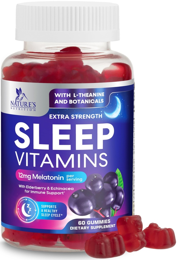 Sleep Gummies with Melatonin 12 mg - Extra Strength Sleep Vitamin Gummy, Natural Melatonin Gummy, občasno podporo za spanje dodatek za odrasle, Vegan, Non-GMO, Gomitas para Dormir - 60 Gummies