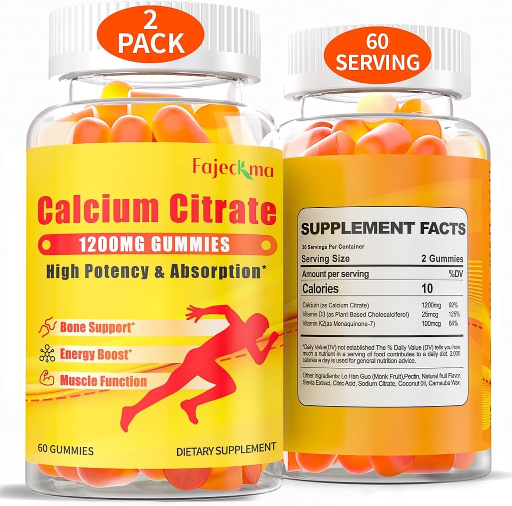 1200 mg kalcijev citrat Gumiji za odrasle: brez sladkorja Vegan vitamin dodatek z D3 K2 - ženske moški visoka absorpcija dodatek za zobe kosti (60 število (Pack of 2))