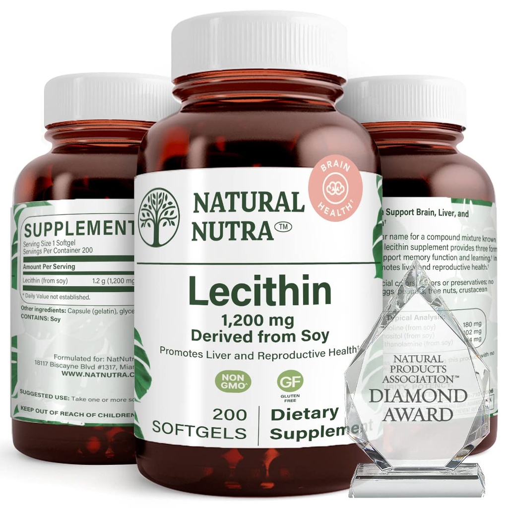 Natural Nutra Soy Lecithin 1200 mg Dietni dodatek - Možganske funkcije, zdravje jeter, Izboljšati Procreant zdravje, Pospeševanje dodatek - Gluten-free, BPA-free, 200 Softgels v recikliranje steklenic