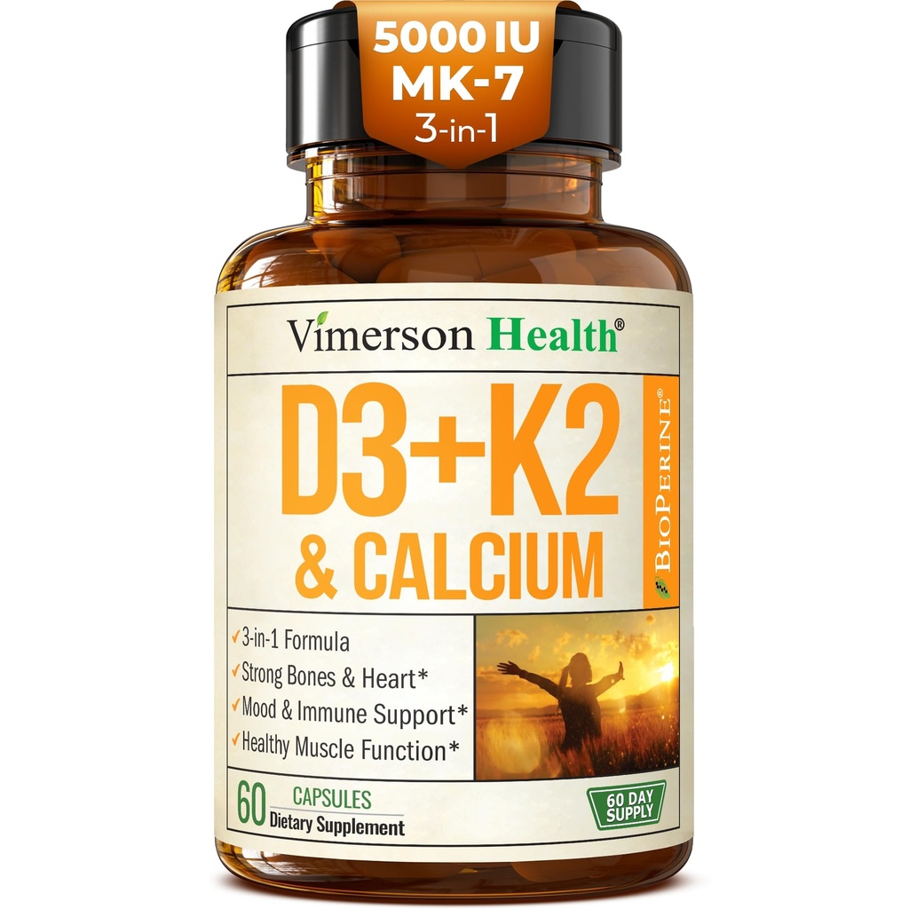 Vitamin D3 K2 dodatek – All-in-1 Podpora za zdravje imunskega, kosti in srca z vitaminom D + vitaminom K (kot MK7) – K2 D3 (5000 i.e.) Dodatek vitamina s črnim poprom za maksimalno absorpcijo, 60 kapsul