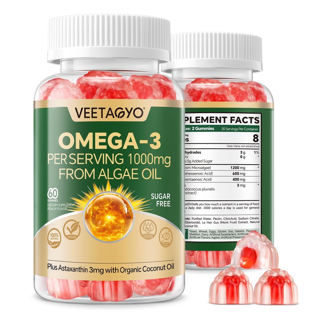 Vegan Omega 3 Gumies 1200mg - Dual Layer - Ribje olje Alternative, Marine Algae Omega 3 Dodatek DHA 600mg, EPA 400mg z Astaksantin,Sugar Free,60 Cts