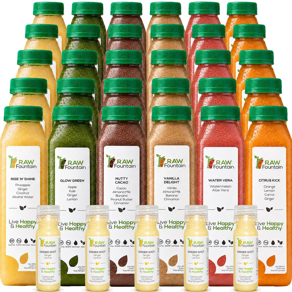 5 Day Protein Juice čiščenje z surovo vodo, Vse naravno surovo razstrupljanje čiščenje, Hladno stiskano sadje, Zelenjava, Vanilla in čokoladni okus, Okus in Energiziranje, 30 steklenice 12oz, 3 ingver posnetkov