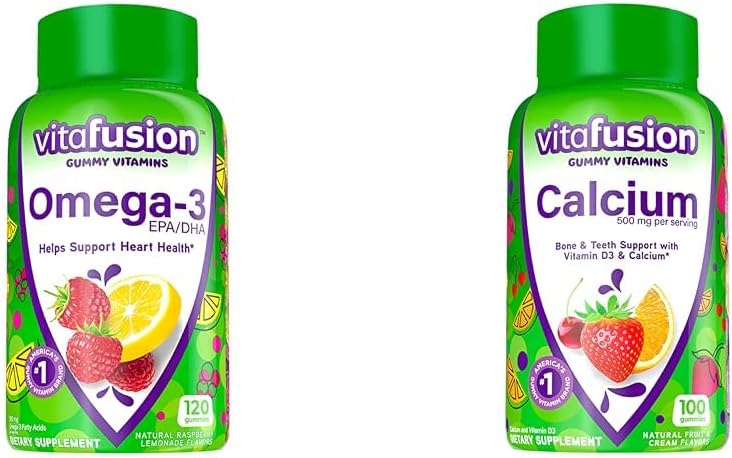 Vitafusion Omega-3 Gummy Vitamini, Berry limonada arome, Heart Health Vitamini(1) & Žvečljivi kalcijevi Gummy Vitamini za podporo kosti in zob, Sadje in smetana