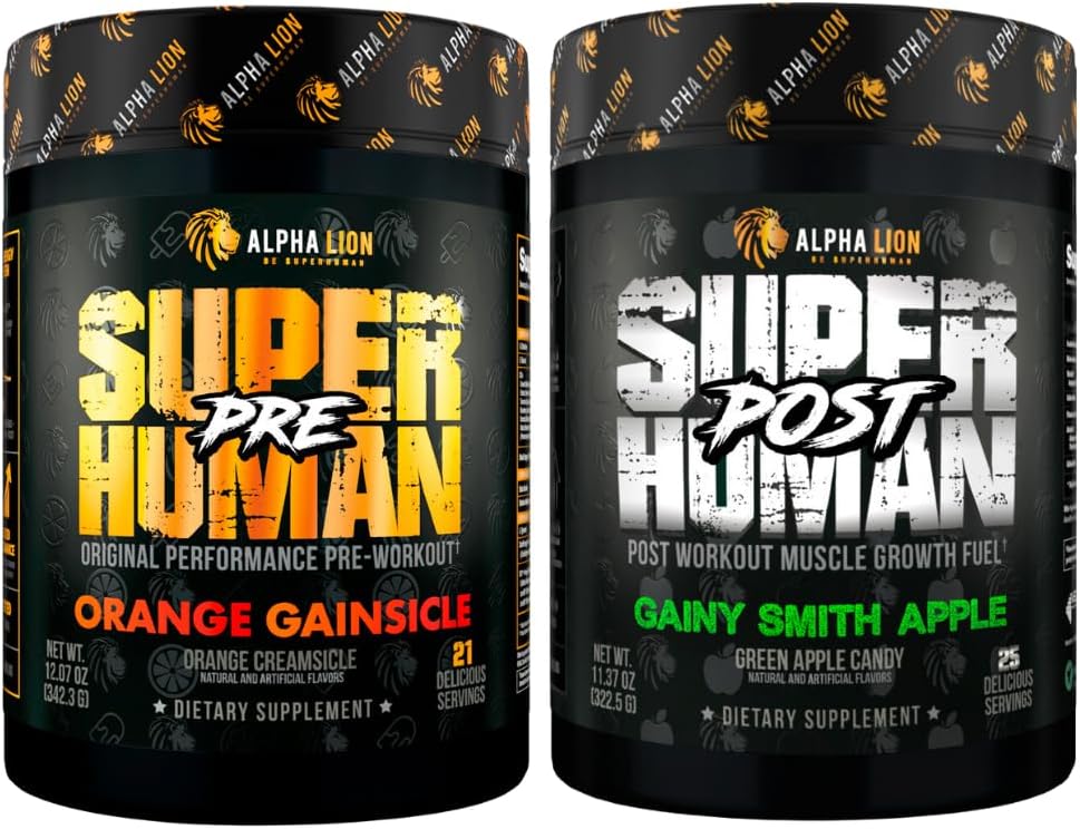 ALPHA LION Superhuman Pred vadbo Powder & Post Wordout recovery Bundele, Trajna energija & Fokus + Lean Mišična rast, moč in volumen (Hulk Juice & Gainy Smith Apple)