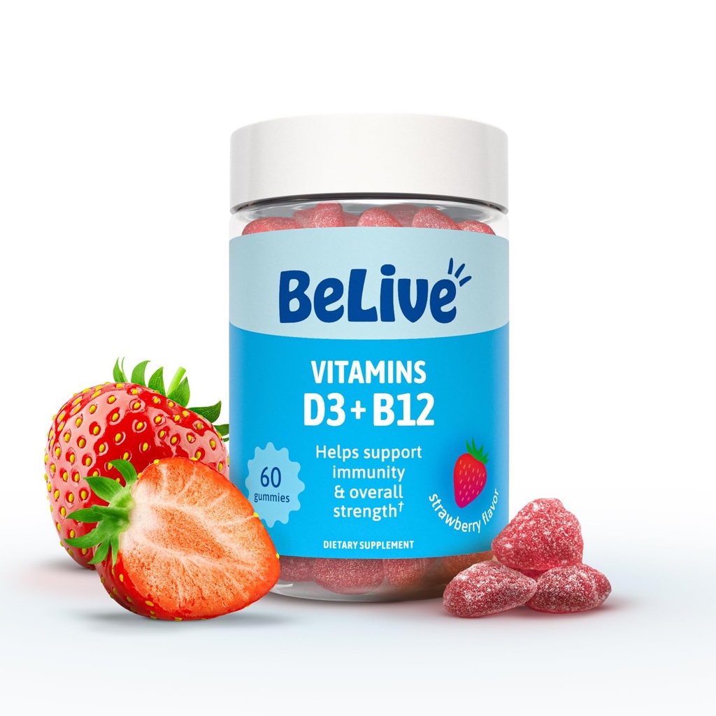BeLive Vitamin D3 Gummies z B12 Vitamini - 60 Ct I I I imunske podpore Gummies z Veganom Vitamin B12 & D3, Zagotavlja izboljšano moč kosti in mišic, zdravje in energijo - Jagodna aroma