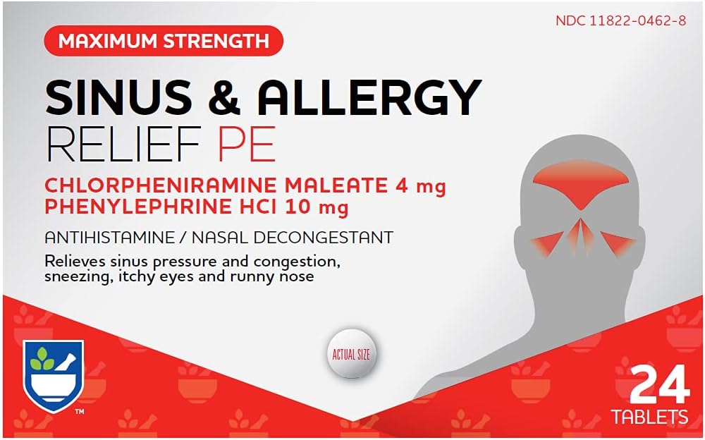 Rite Aid Sinus & Alergy Relief PE Tablete, Največja moč- 24 Število 