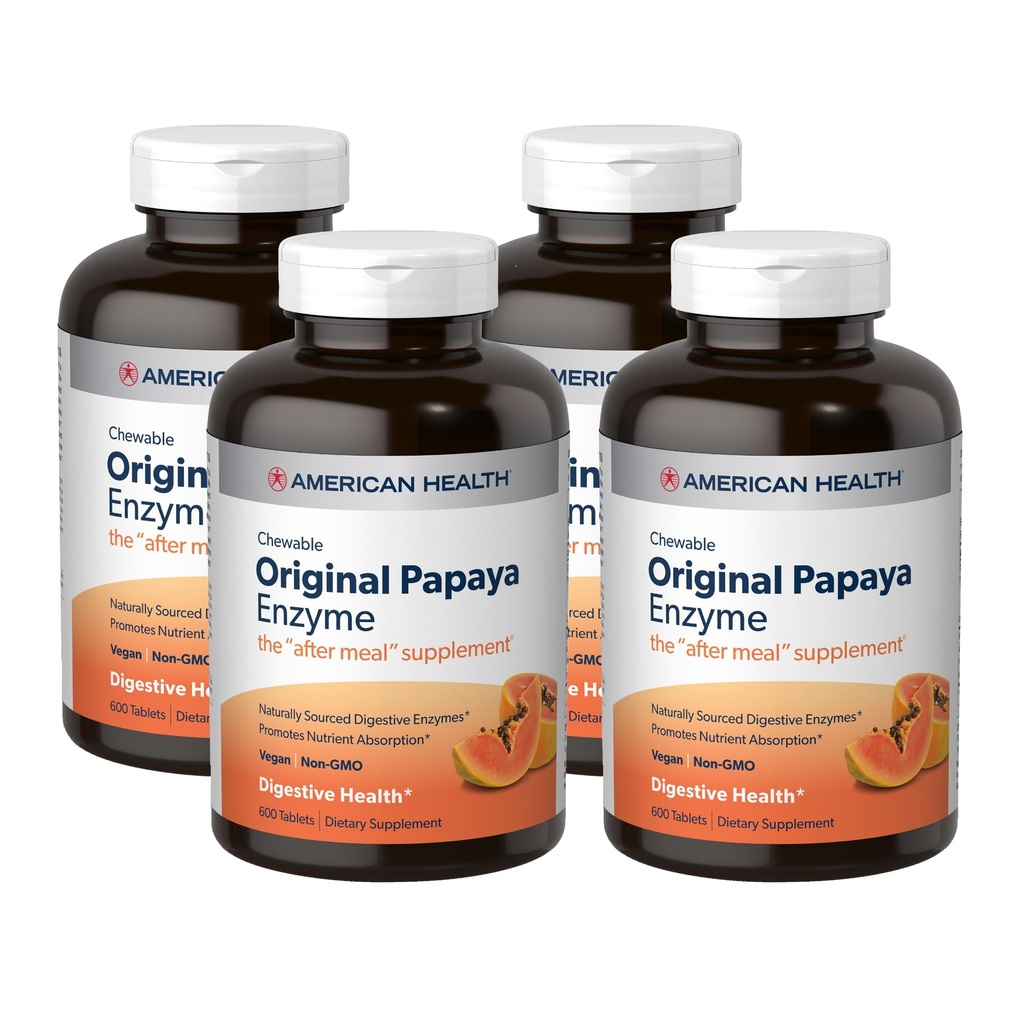 American Health Original Papaya Enzyme - 600 žvečljive tablete, paket 4 - After-Meal dodatek - Non-GMO, Vegan - 800 Total Servings